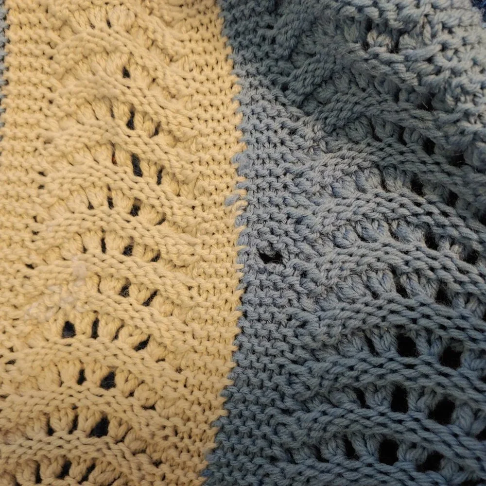 Knit‎ Crochet Blanket Afghan Throw Fringe Granny Boho Ombre Blue Vintage 1970's